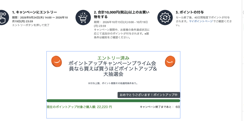 Amazonプライム感謝祭のポイントアップキャンペーン。エントリー済みでポイントアップ中